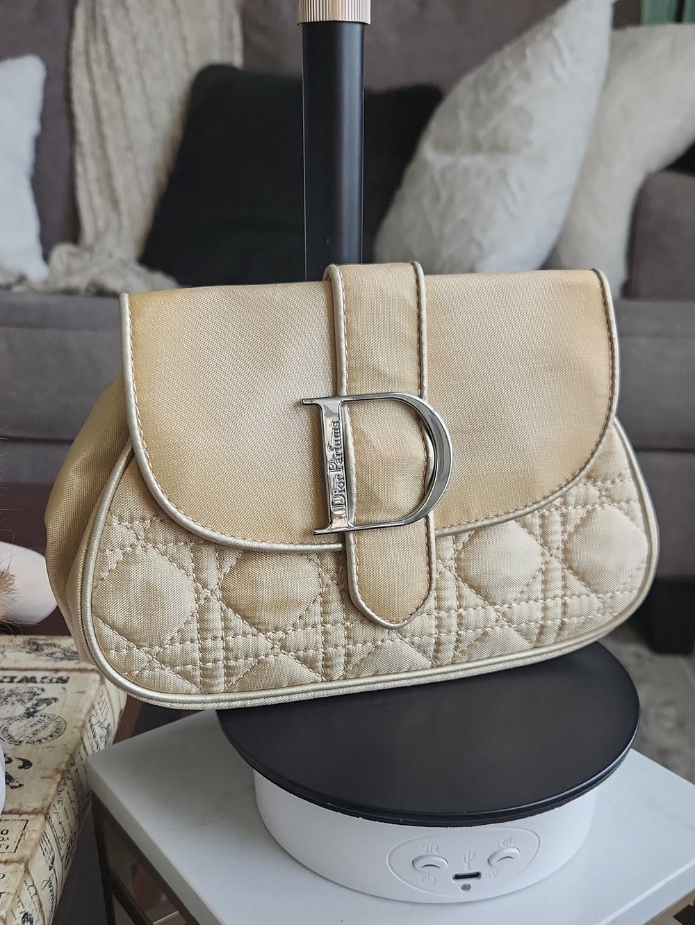 Christian Dior Parfums Champagne Gold Quilted Satin Clutch / Cosmetic Pouch GWP